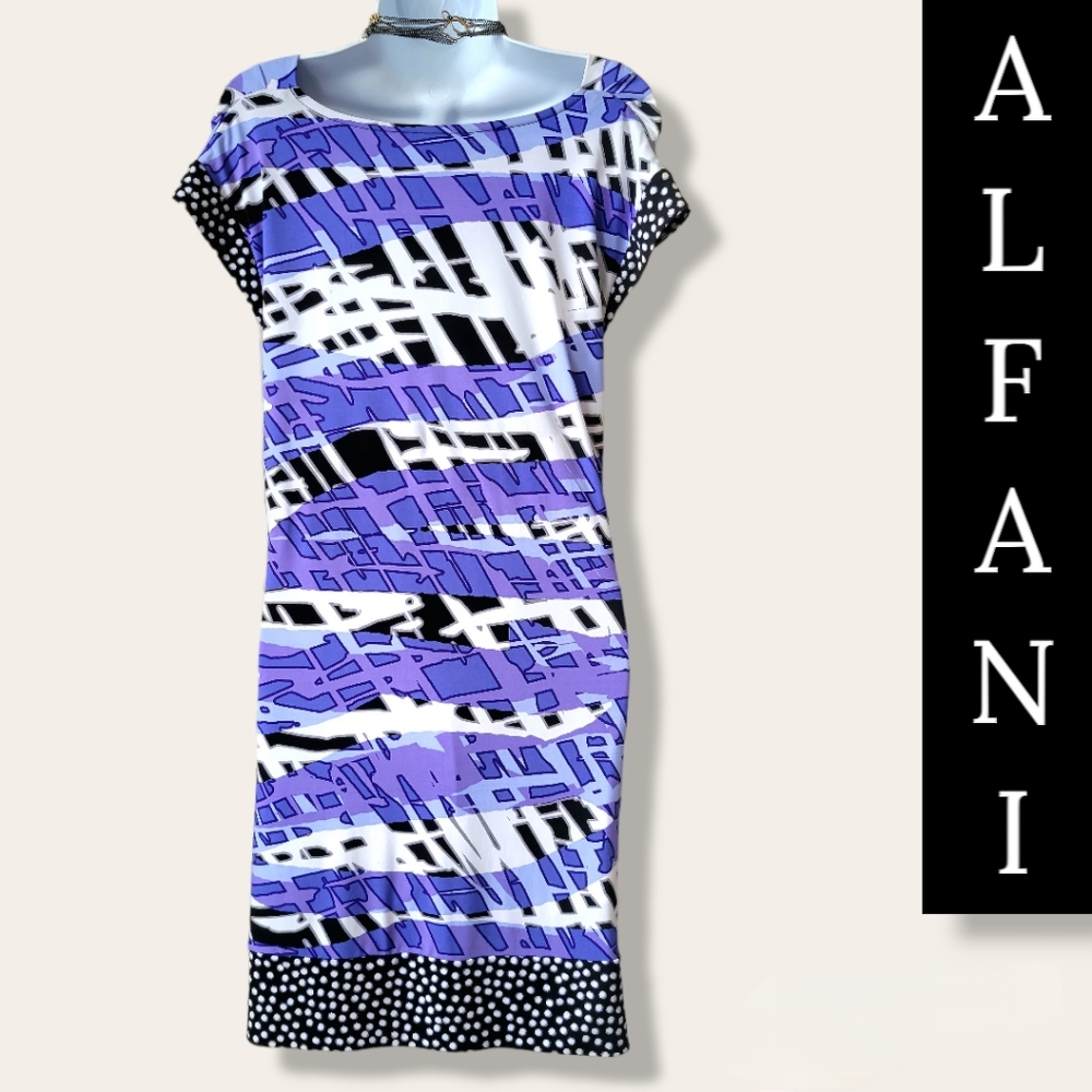 Scoop Drape Neck ALFANI Dress Womens XL Cap Sleeves Stretch Blue Black Purple - Picture 12 of 13